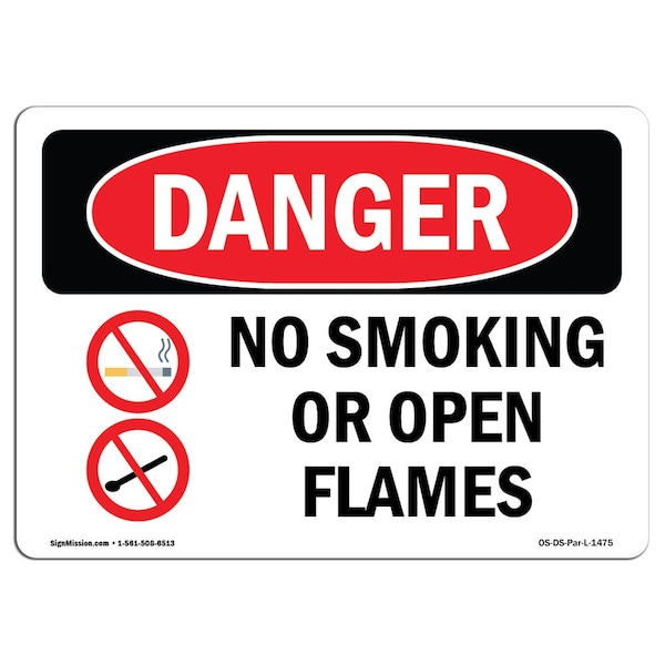 Safety Sign, OSHA Danger, 7" Height, 10" Width, Aluminum, No Smoking Or Open Flames, Landscape
